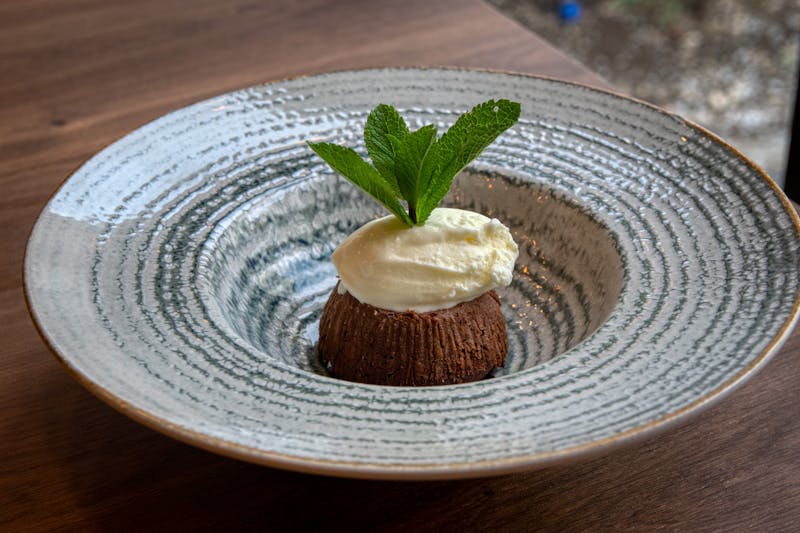 Warm chocolate lava cake with vanilla ice cream
